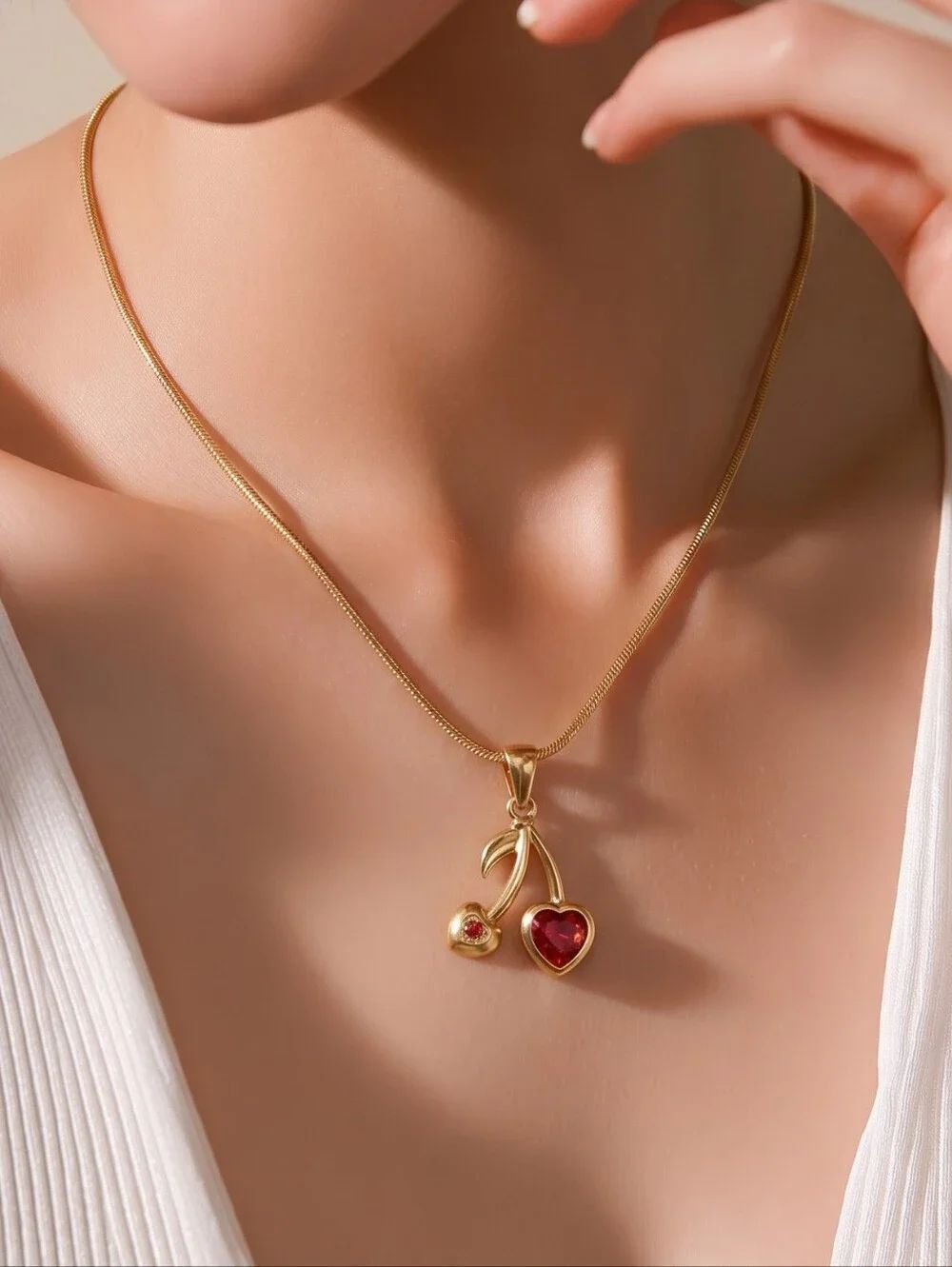 Gold Heart Cherry Pendant Necklace Red Rhinestone Fruit Charm Romantic Y2K Glam